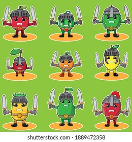 Illustration vector graphic cartoon character of fruit knight set. Dual sword with hands up pose set. Cute and funny fruit set. Good for icon, logo, label, sticker, clipart.