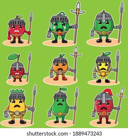 Illustration vector graphic cartoon character of fruit knight set. Two handed weapon set. Cute and funny fruit set. Good for icon, logo, label, sticker, clipart.