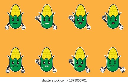 Illustration vector graphic cartoon character of Corn set. Two handed weapon set. Cute and funny set. Good for icon, logo, label, sticker, clipart.