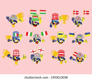 Illustration vector graphic cartoon character of icon set of volleyball players and supporters of Hungary, Denmark, Italy, England, Austria, and Ukraine