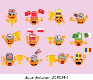 Illustration, Vektorgrafik-Zeichentrickfigur einer Reihe von Basketballspielern und Anhängern von Basketballspielen 
Türkei, Kolumbien, Algerien, Polen, Vereinigte Staaten und Rumänien