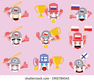 Illustration vector graphic cartoon character of icon set of softball players and supporters of Russia, Poland, and Finland