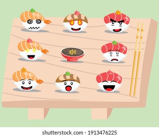 Illustration vector graphic cartoon character of japanese food of sushi set with shrimp, tuna, and salmon fresh plus soy sauce in minimalist style plate