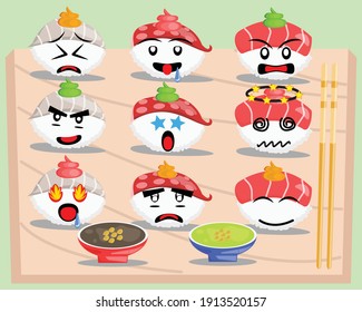 Illustration vector graphic cartoon character of japanese food of sushi set with tuna, octopus, and salmon fresh plus soy and wasabi sauce in minimalist style plate