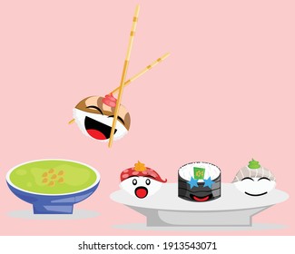 Illustration vector graphic cartoon character of japanese food, set of sushi waiting to be added to the wasabi sauce