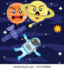 Illustration vector graphic cartoon character of astronaut flying freely in a planet balloons
