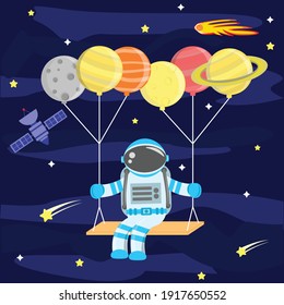 Illustration vector graphic cartoon character of astronaut flies into space using planet balloons