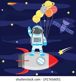Illustration vector graphic cartoon character of astronaut carrying a planet balloon flying in space by using a spaceship