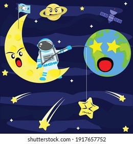 Ilustración vectorial caricatura gráfica de estrellas de la pesca astronauta en el espacio
