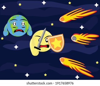 Illustration vector graphic cartoon character of moon protects the earth from meteors