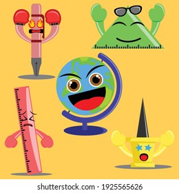 Illustration vector graphic cartoon character of stationery supplies such as pencil, rulers, globe and push pin