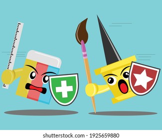 Illustration, Vektorgrafik-Charakter des Kampfes von Radiergummi gegen Push-Pin