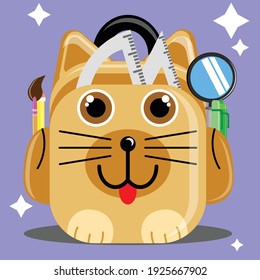 Illustration vector graphic cartoon character of dog patterned school bag contain pencil, brush, ruler etc