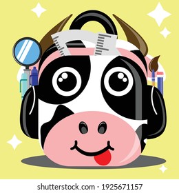Illustration vector graphic cartoon character of cow patterned school bag contain pen, pencil, brush etc