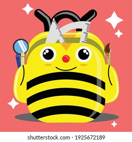 Ilustración vectorial caricatura gráfica del personaje de la bolsa escolar con estampado de abejas contiene regla, pincel, bolígrafo, etc