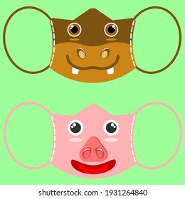 Illustration, Vektorgrafik-Cartoon-Charakter von Masken mit Tierseite von Nilpferd und Schwein