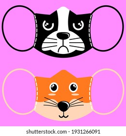 Ilustración vectorial caricatura de máscaras con cara animal de perro y zorro
