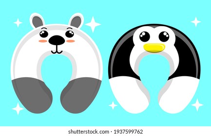 Illustration vector graphic cartoon character of patterned neck pillow of polar bear and penguin. Suitable for the design of children's neck pillow products