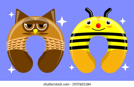 Illustration vector graphic cartoon character of patterned neck pillow of owl and bee. Suitable for the design of children's neck pillow products