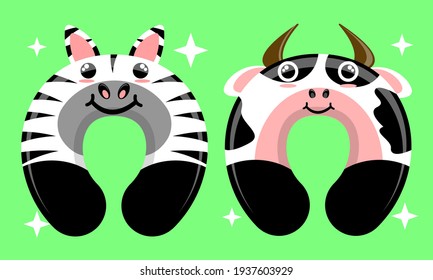 Illustration vector graphic cartoon character of patterned neck pillow of zebra and cow. Suitable for the design of children's neck pillow products