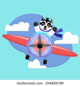 Illustration vector graphic cartoon character of cute raccoon pilot flight with plane. Childish cartoon design suitable for product design of children's books, children shirts, dress, greeting cards e