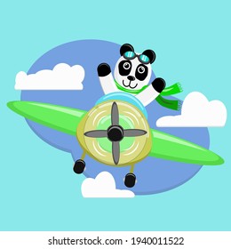Illustration vector graphic cartoon character of cute panda pilot flight with plane. Childish cartoon design suitable for product design of children's books, children shirts, dress, greeting cards etc