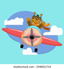 Illustration vector graphic cartoon character of cute hippopotamus pilot flight with plane. Childish cartoon design suitable for product design of children's books, children shirts, greeting card etc