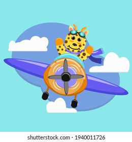 Illustration vector graphic cartoon character of cute giraffe pilot flight with plane. Childish cartoon design suitable for product design of children's books, children shirts, greeting cards etc