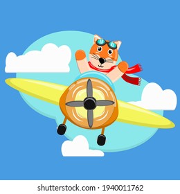 Illustration vector graphic cartoon character of cute fox pilot flight with plane. Childish cartoon design suitable for product design of children's books, children shirts, dress, greeting cards etc.
