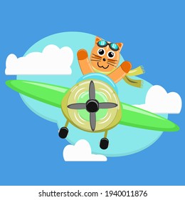 Illustration vector graphic cartoon character of cute cat pilot flight with plane. Childish cartoon design suitable for product design of children's books, children shirts, dress, greeting cards etc.