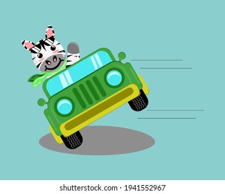 Illustration vector graphic cartoon character of cute zebra driving car for attractions. Childish cartoon design suitable for product design of children's books, t-shirt, greeting cards etc.