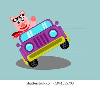 Illustration vector graphic cartoon character of cute pig driving car for attractions. Childish cartoon design suitable for product design of children's books, t-shirt, greeting cards etc.