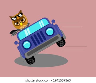 Illustration vector graphic cartoon character of cute owl driving car for attractions. Childish cartoon design suitable for product design of children's books, t-shirt, greeting cards etc.