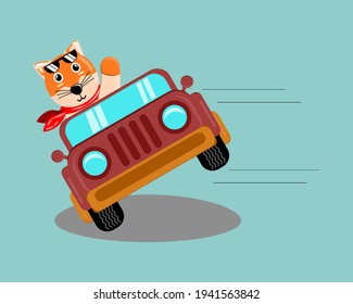 Illustration vector graphic cartoon character of cute fox driving car for attractions. Childish cartoon design suitable for product design of children's books, t-shirt, greeting cards etc.