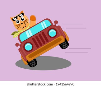 Illustration vector graphic cartoon character of cute cat driving car for attractions. Childish cartoon design suitable for product design of children's books, t-shirt, greeting cards etc.