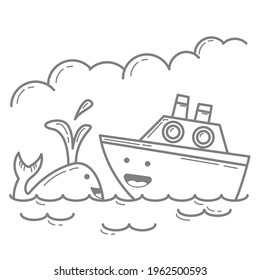 Illustration vector graphic cartoon character of Whale and Ship in outline doodle art kawaii style. Suitable for children coloring book.