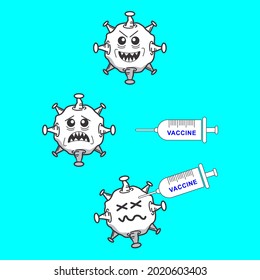 Illustration vector graphic cartoon character of virus killed by vaccine. Perfect for health care and medical content.