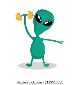 Illustration Vector Graphic Cartoon Character of cute alien holding a dumbbell