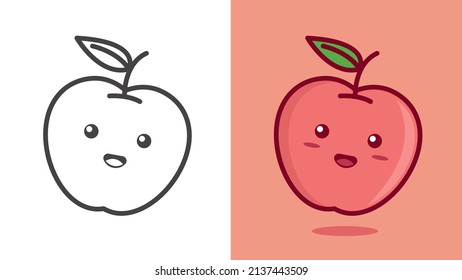 Ilustración vectorial caricatura gráfica personaje de manzana linda al estilo doodle kawaii. Adecuado para colorear el libro.
