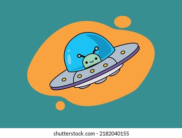 Illustration vector graphic cartoon character of cute alien UFO in Doodle Kawaii line art style. Cute aliens in spaceships collection. Space ufo characters set. Hand drawn monsters in the universe