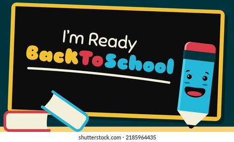 Illustration vector graphic cartoon character of cute pencil, chalkboard and book in kawaii doodle style. Suitable for back to school content.