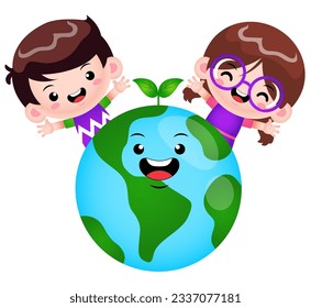 Illustration vector graphic of Cartoon Children Having Fun Around The Earth. Perfect for mascot, children book cover, children book illustrations, wallpaper, kid's brochure, puzzle, etc