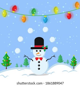 Illustration vector graphic of cartoon cute snowman using santa claus hat and red tie playing snowball. Blue background. Fit for Christmas icons, Christmas stickers, Christmas book covers.