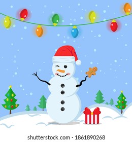 Illustration vector graphic of cartoon cute snowman wearing santa claus hat holding gingerbread and gift. Blue background. Good for Christmas icons, Christmas stickers, Christmas book covers.
