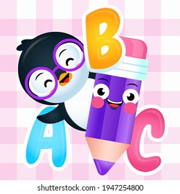 Illustration vector graphic of Cartoon Cute Penguin Holding Pencil With Alphabet. Perfect for children book cover, children book illustrations, game illustration, game assets, animation, etc.