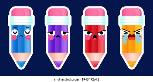 Illustration vector graphic of Cartoon Cute Pencils Sticker Face Negaitive Emotions Set Vector.  Perfect for children book cover, children book illustrations, game illustration, etc
