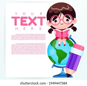 Illustration vector graphic of Cartoon Cute Girl Sitting On The World Globe With Banner. Perfect for children book cover, children book illustrations, game illustration, banner, animation, etc.