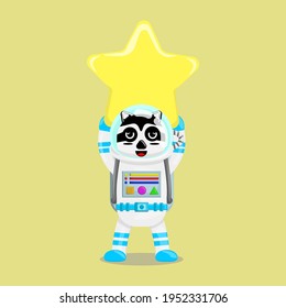 Illustration vector graphic cartoon of cute raccoon astronaut raises a star. Childish cartoon design suitable for product design of children's books, t-shirt, greeting cards etc