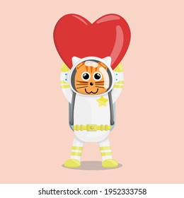 Illustration vector graphic cartoon of cute cat astronaut raises a love. Childish cartoon design suitable for product design of children's books, t-shirt, greeting cards etc