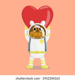 Illustration vector graphic cartoon of cute hippopotamus astronaut raises a love. Childish cartoon design suitable for product design of children's books, t-shirt, greeting cards etc